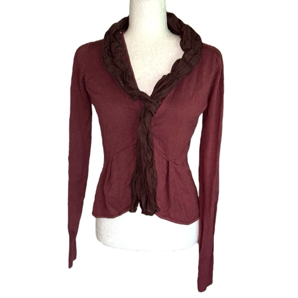 Anthropologie Knitted Dove Brown Scarf Collar Button Crop Peplum Knit Cardigan S